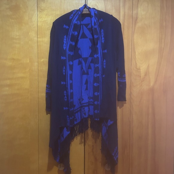 Unity World Wear Sweaters - Energe World Wear Cardigan Womens M Blue Aztec Print Fringe Southwestern Boho‎